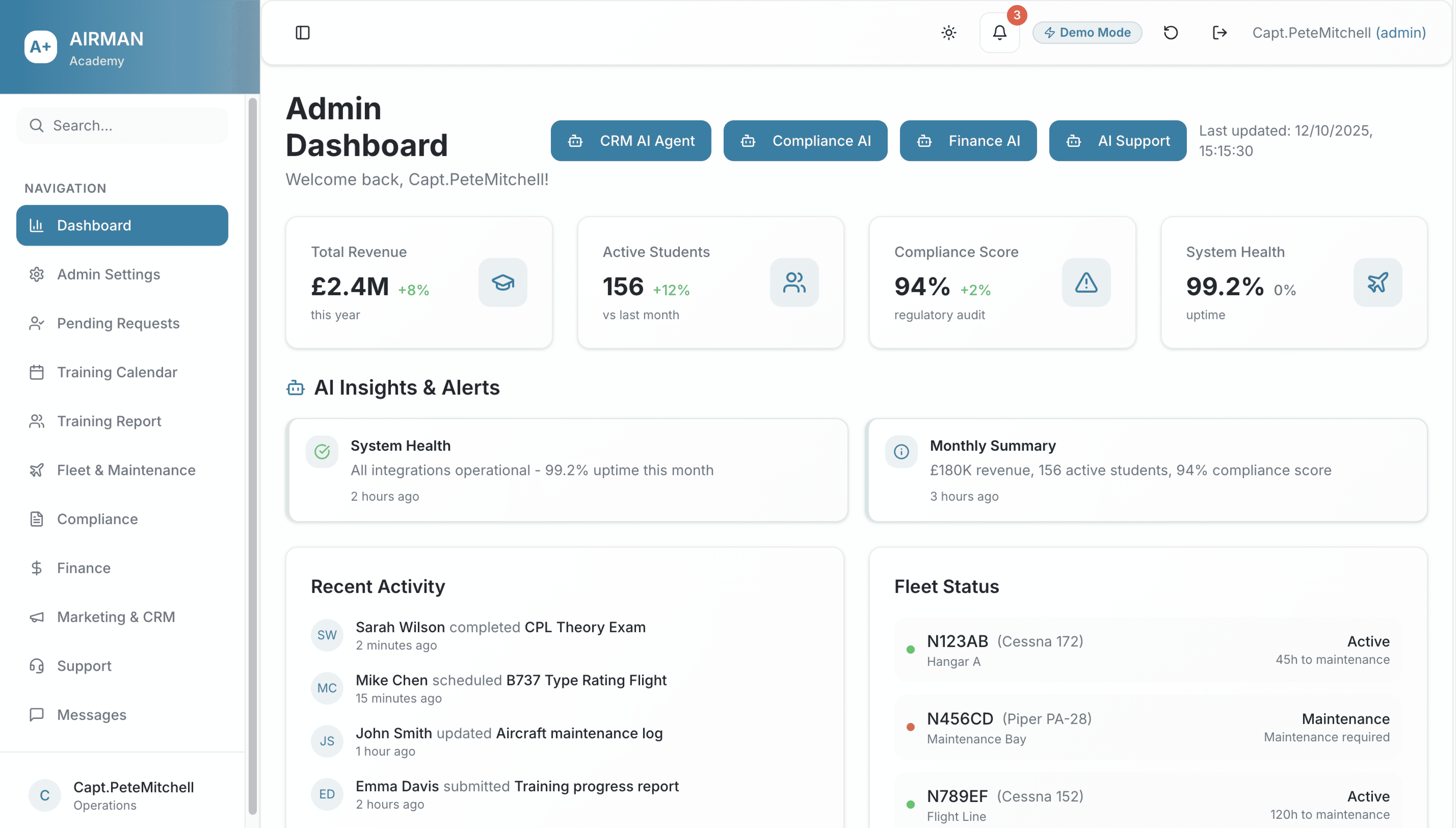 Business dashboard showing revenue, deals, customer list, growth chart, and new activity.