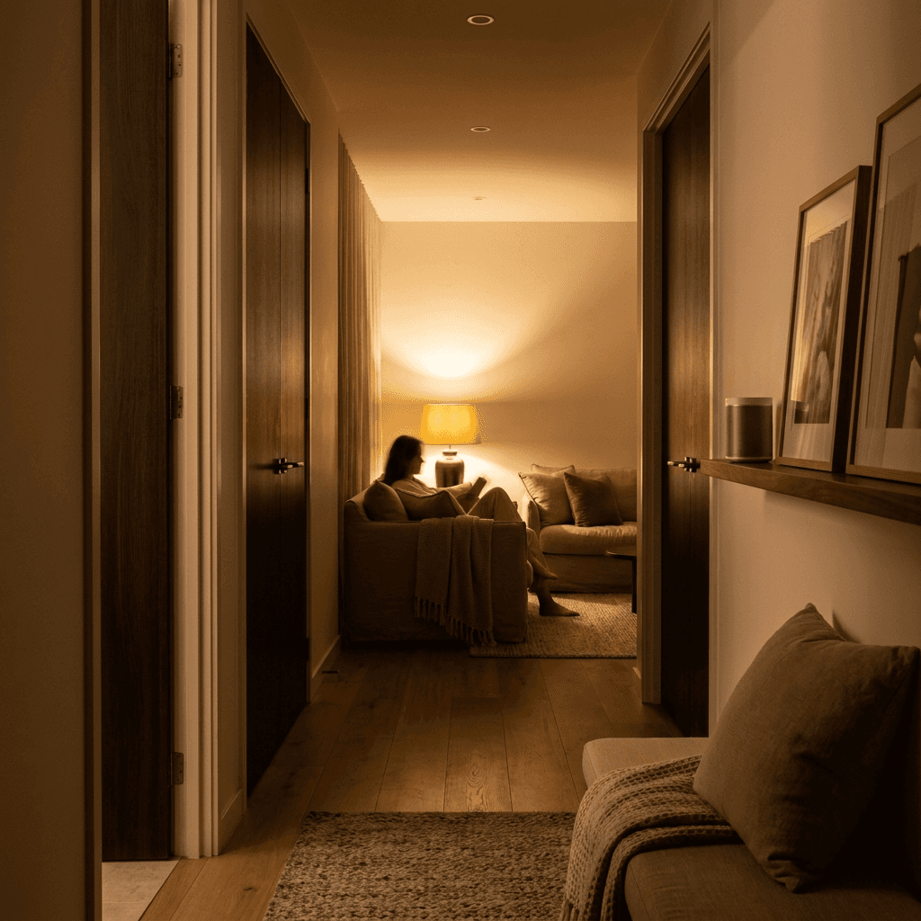 Quiet hallway at night with kids' rooms off and the lounge down low