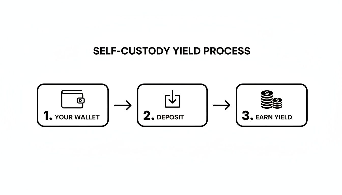Diagram showing the self-custody yield process in three steps: your wallet, deposit, and earn yield.