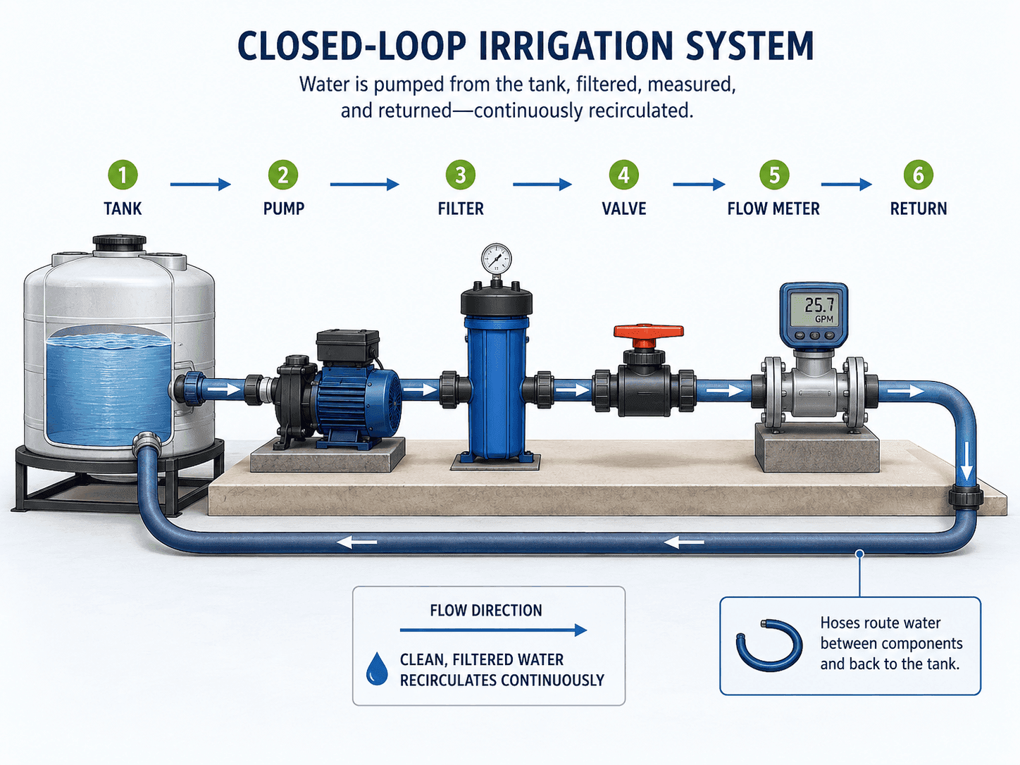 Closed-loop irrigation display connecting a tank, pump, filter, valve and flow meter through a recirculating return line