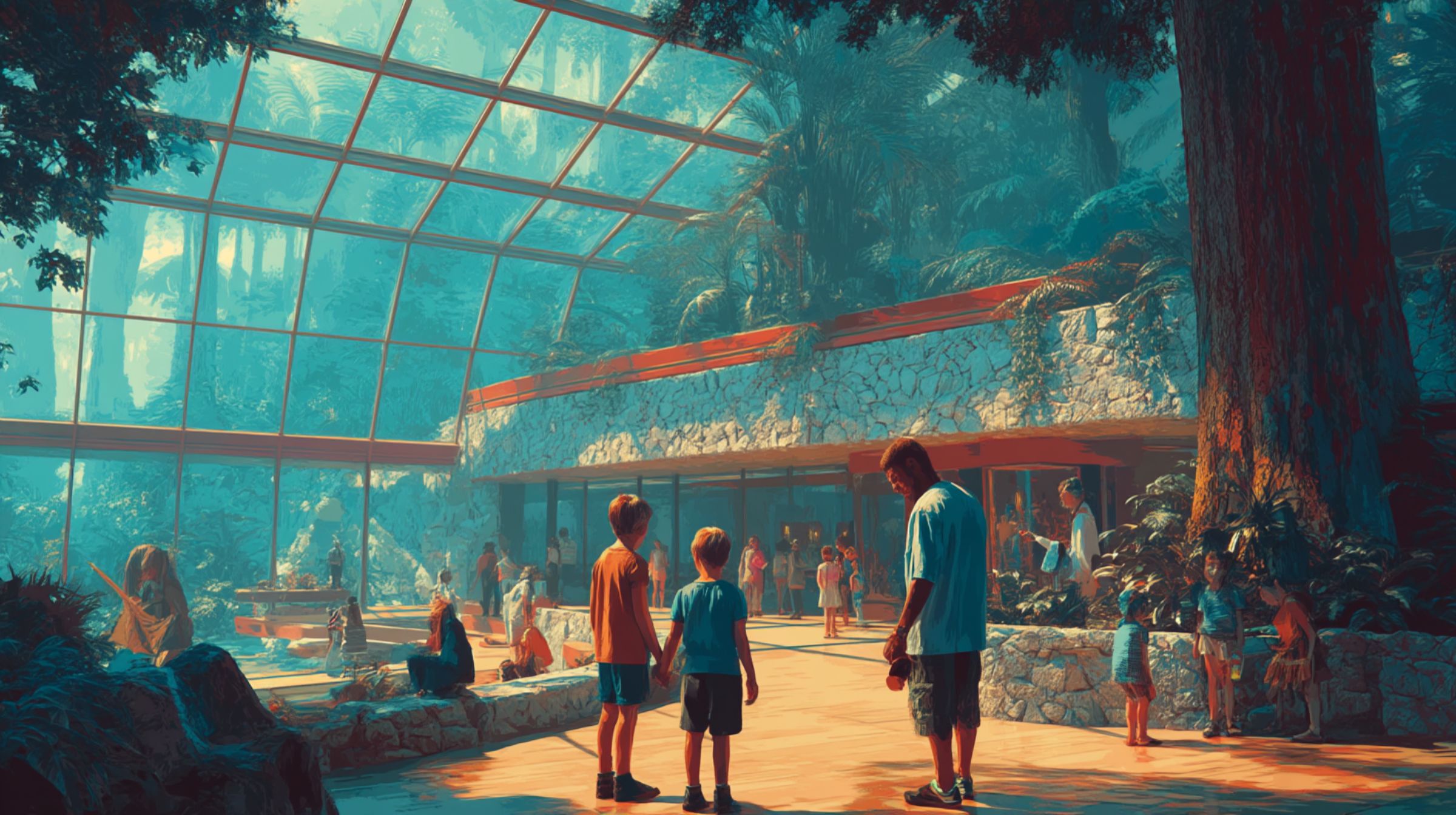 Golden light fills a glass-and-stone visitor center where families explore together — design and nature finally speaking the same language.