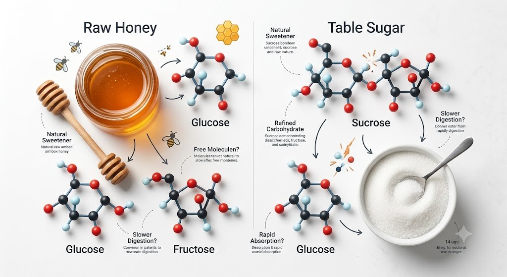 A side-by-side comparison image of a jar of honey and a bowl of sugar with a glucose monitor in the middle, asking if honey is better for people with diabetes.