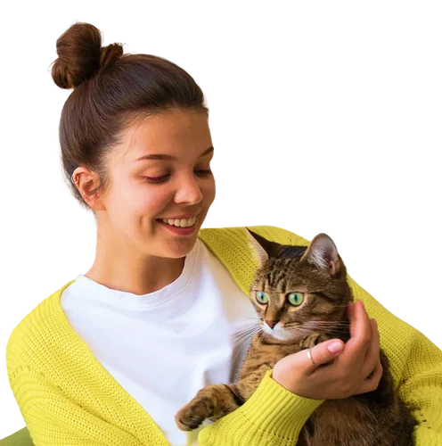 Woman cradling tabby cat gently