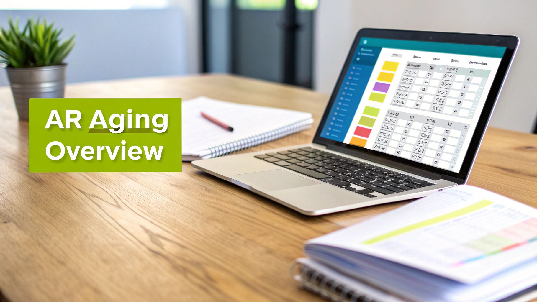 A laptop on a wooden desk displaying an 'AR Aging Overview' financial dashboard, alongside a plant and notebooks.