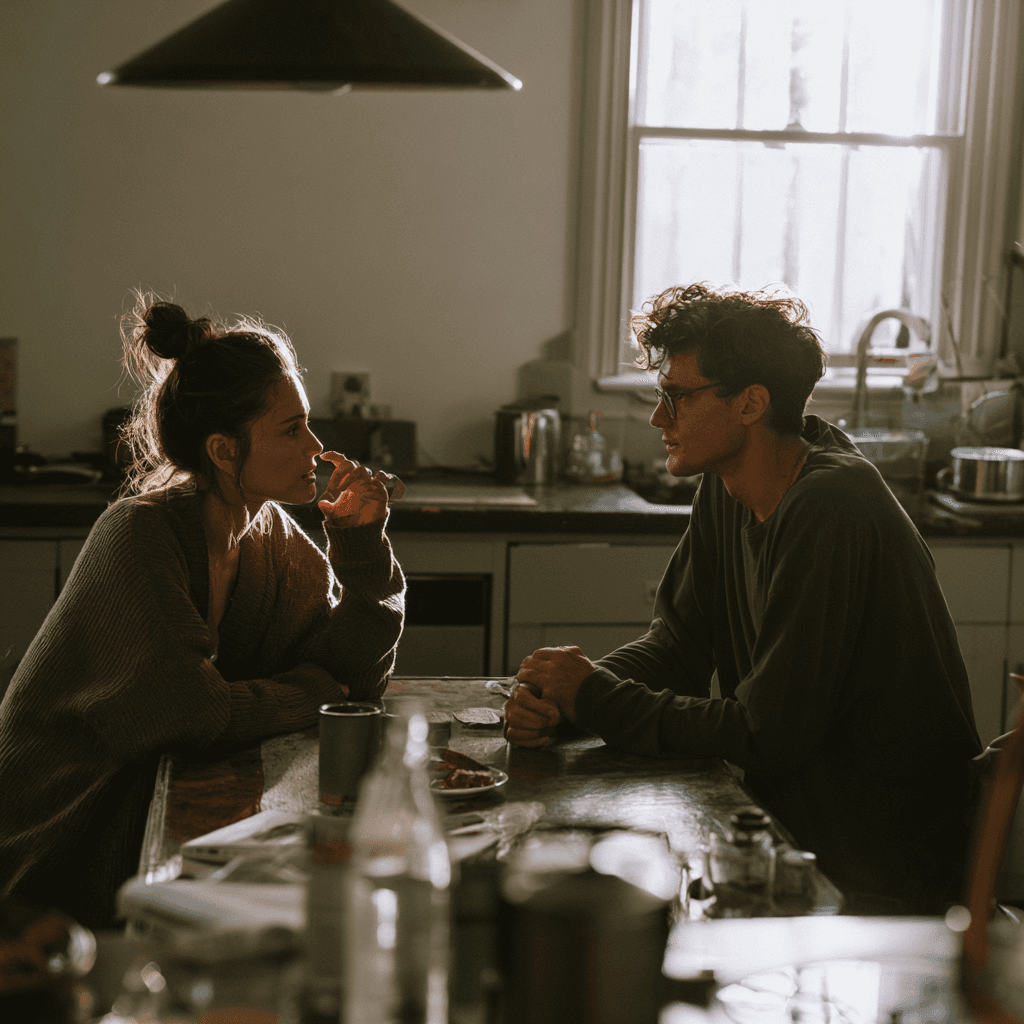 A man listening attentively while his partner talks to him at a kitchen table