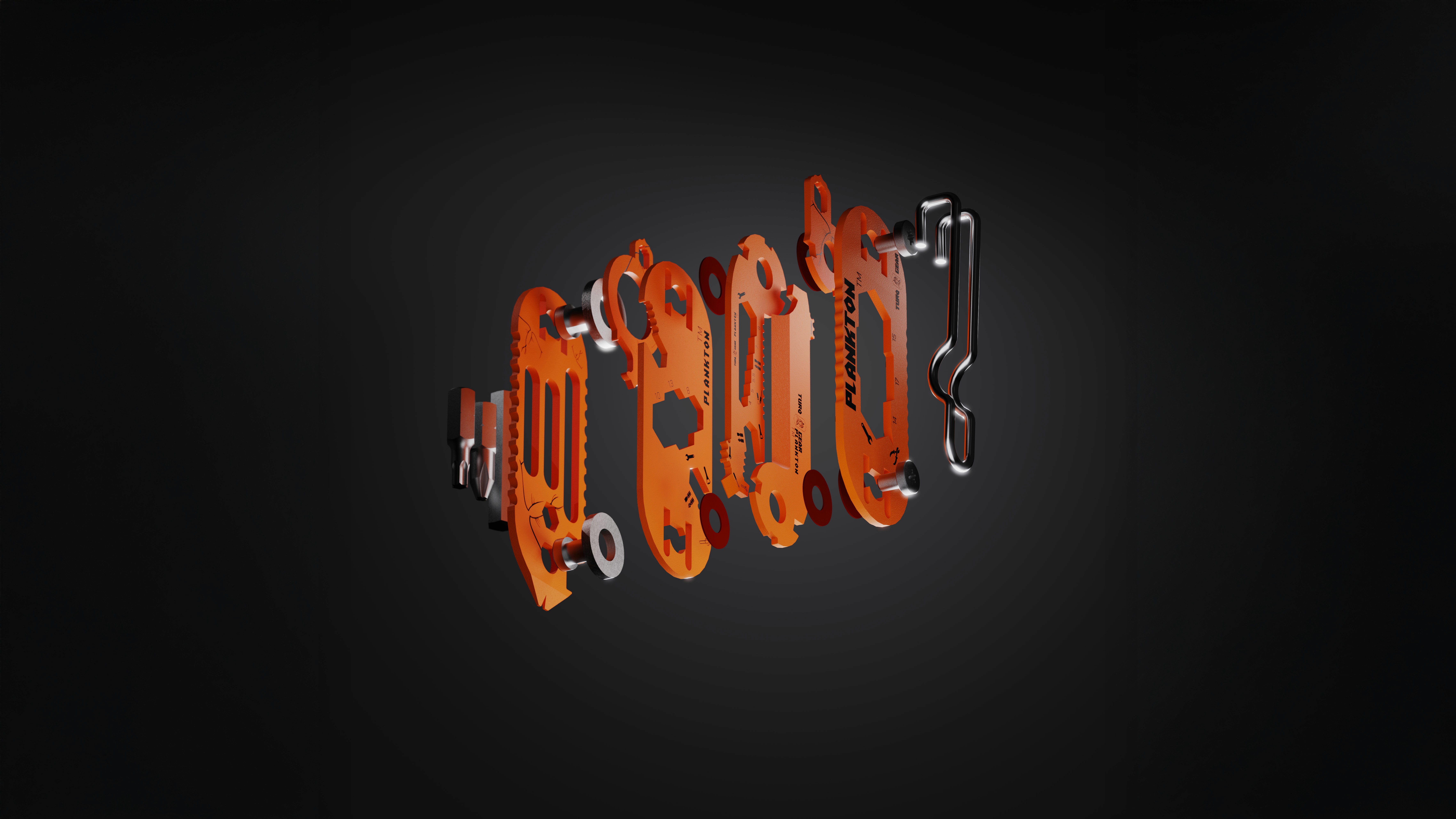Exploded view 3D visualization of the orange Turq Gear 'Plankton' multi-tool. Detailed breakdown of components including hex keys, bottle opener, and pry bar, demonstrating the engineering complexity and modular design behind the visual identity.