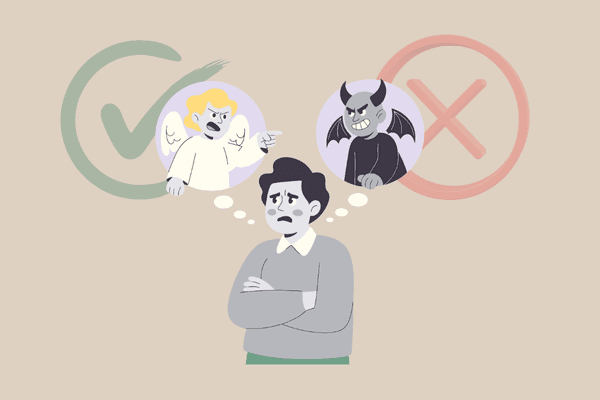 Man contemplating between right and wrong