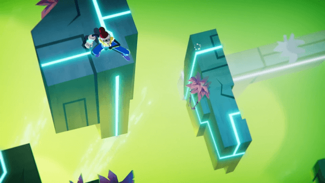 Action sequence showing hero landing on geometric platform above glowing energy pit