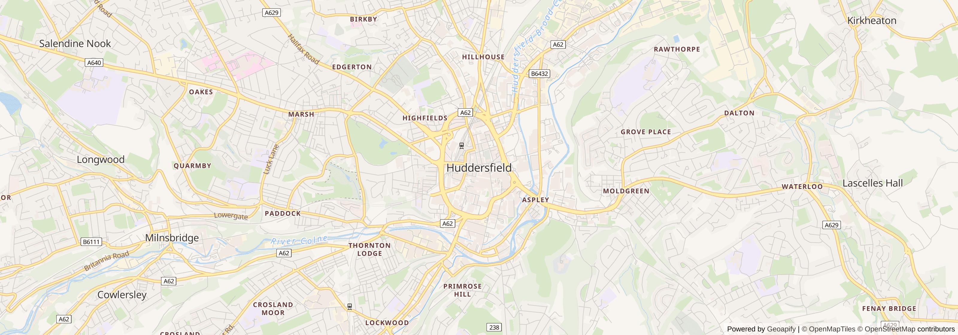 Street map of Huddersfield, West Yorkshire showing main roads and nearby areas