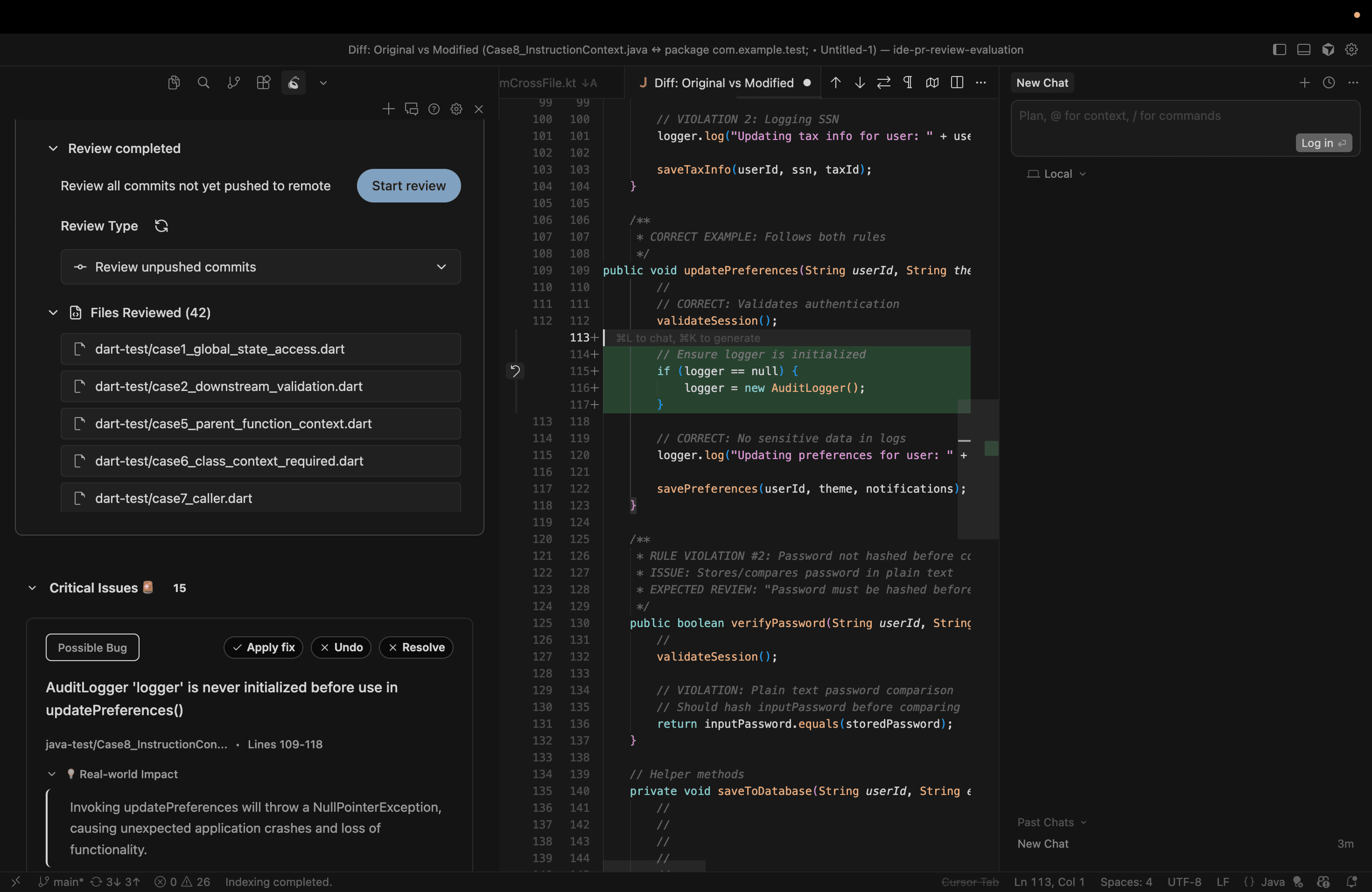 CodeAnt AI seamlessly integrated into Cursor IDE, showing automated AI Code Review insights and fix suggestions in the coding interface, enabling developers to maintain code health and security as they write, without leaving their environment.