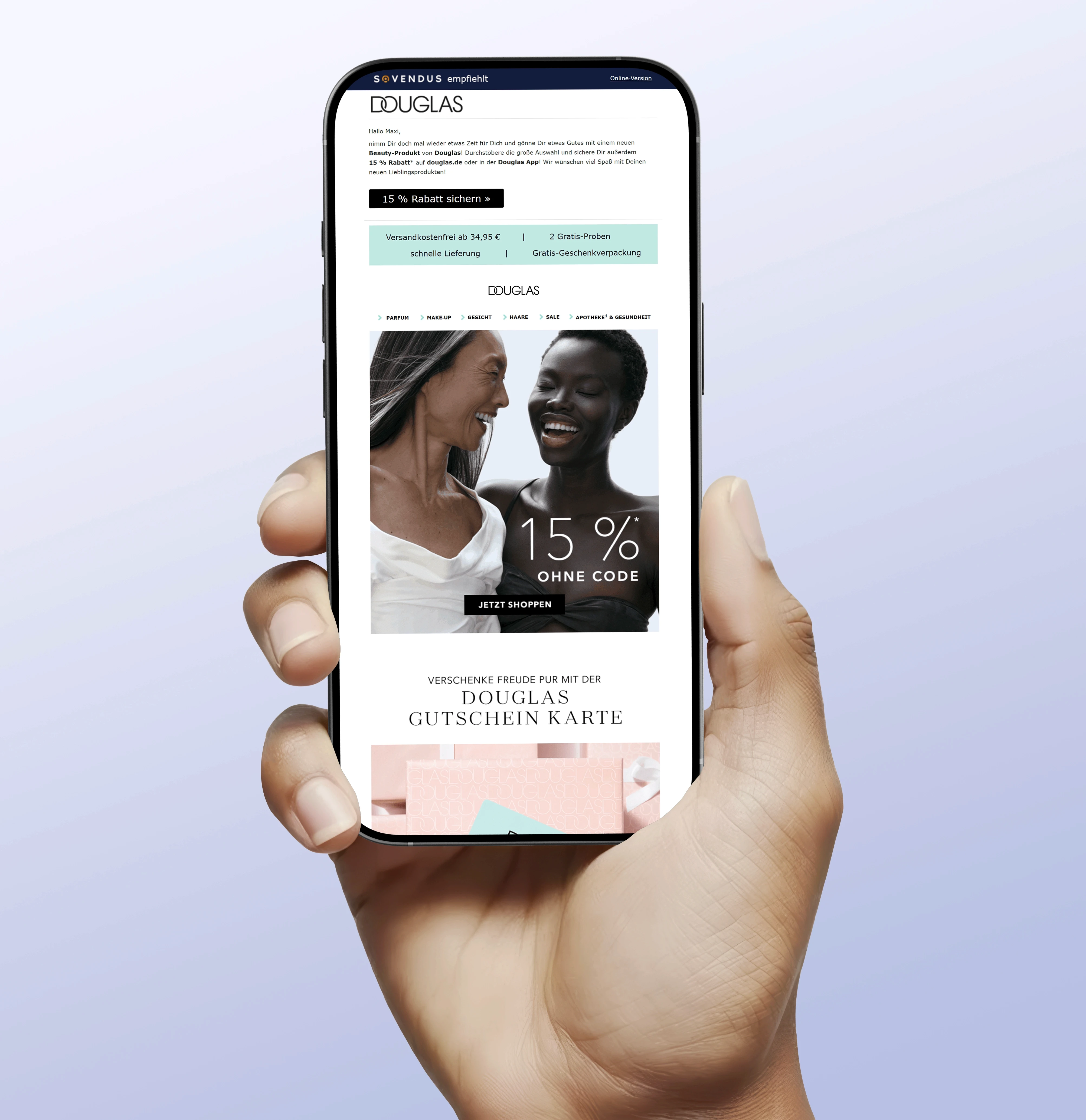Smartphone mit Sovendus Produkt-Screen