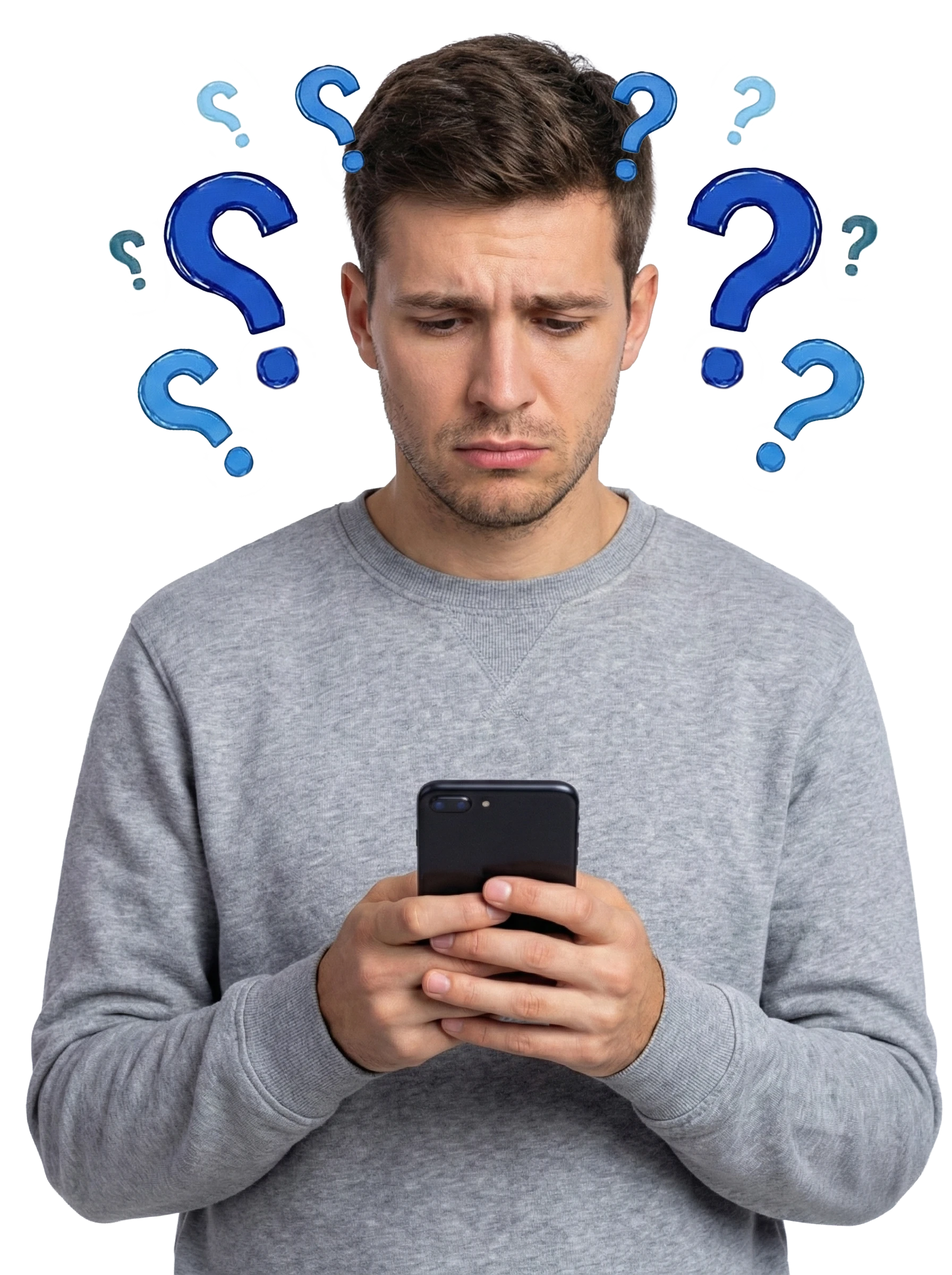 Verwirrter Mann schaut fragend auf sein Smartphone, umgeben von blauen Fragezeichen. Symbolbild für Frust über schlechte mobile Webseite und fehlende Kundenanfragen.