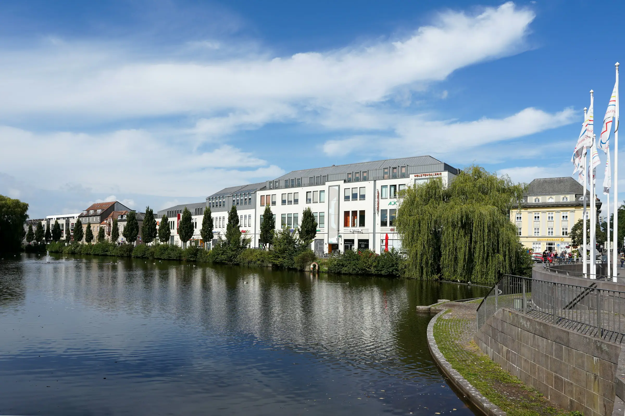Neumünster, Stadtmitte am Teich mit Trauerweide