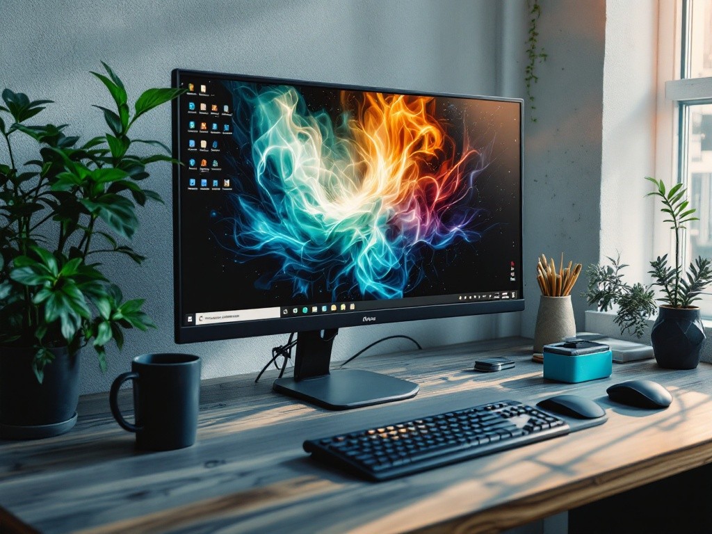 A computer monitor with a colorful abstract background sits on a wooden desk with plants and other accessories.