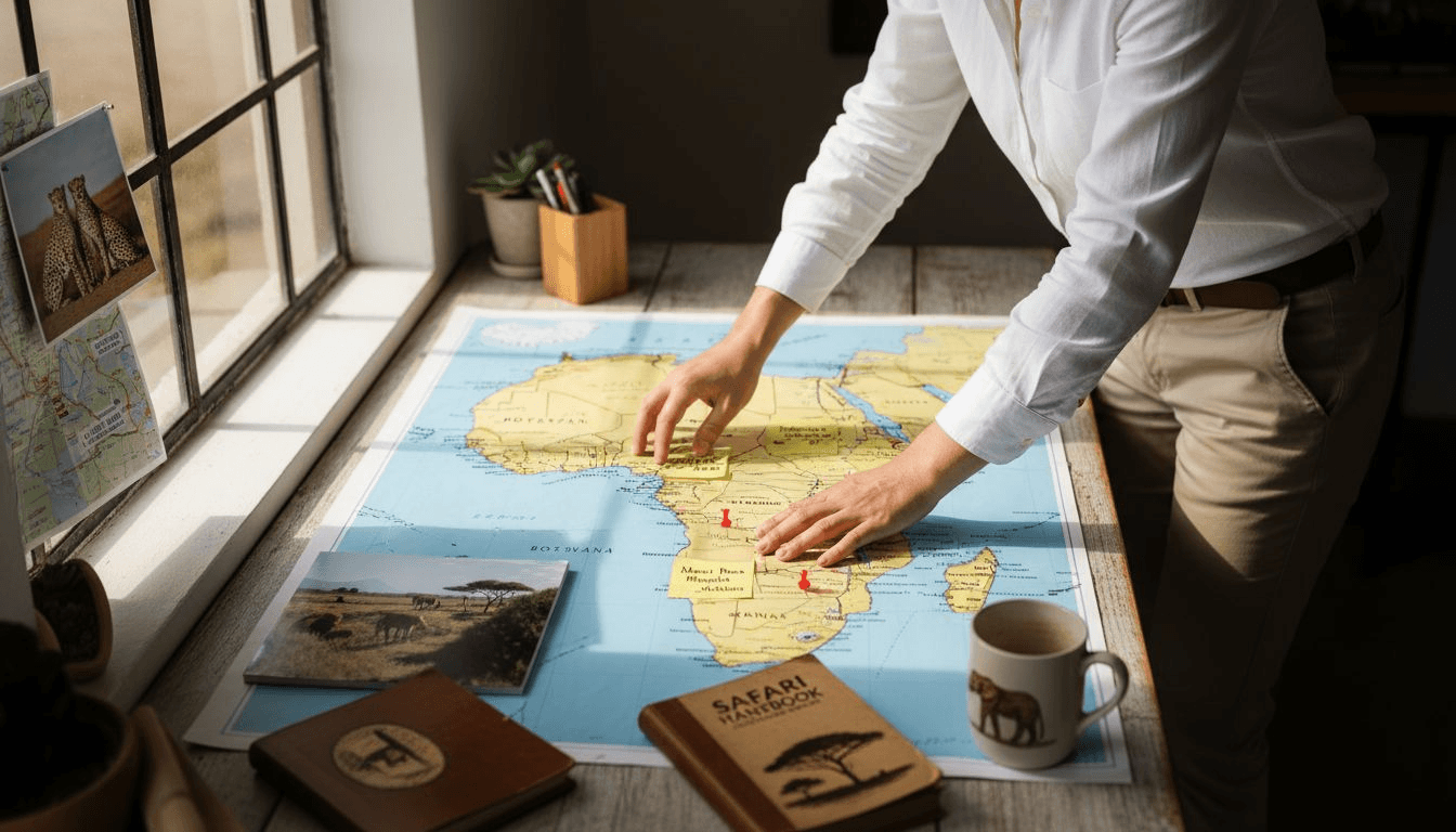 Consultant reviewing African safari regions map