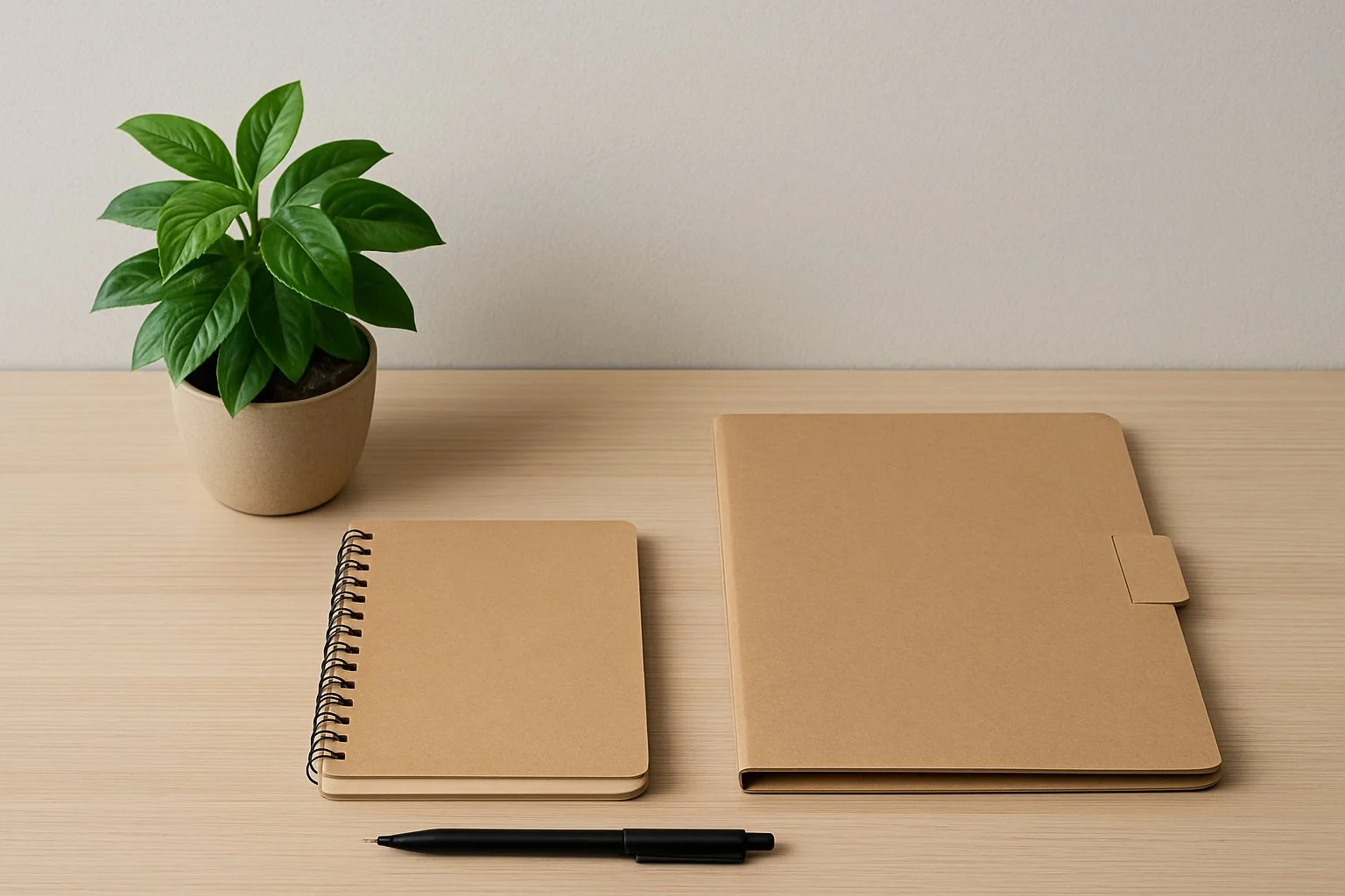 Tidy workspace with a plant, notebook, and folder, representing long-term planning and organization.