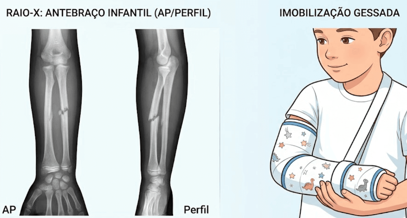 Radiografia mostrando fratura do rádio e da ulna em uma criança, ao lado de um braço infantil imobilizado com gesso, ilustrando uma fratura do antebraço pediátrico.