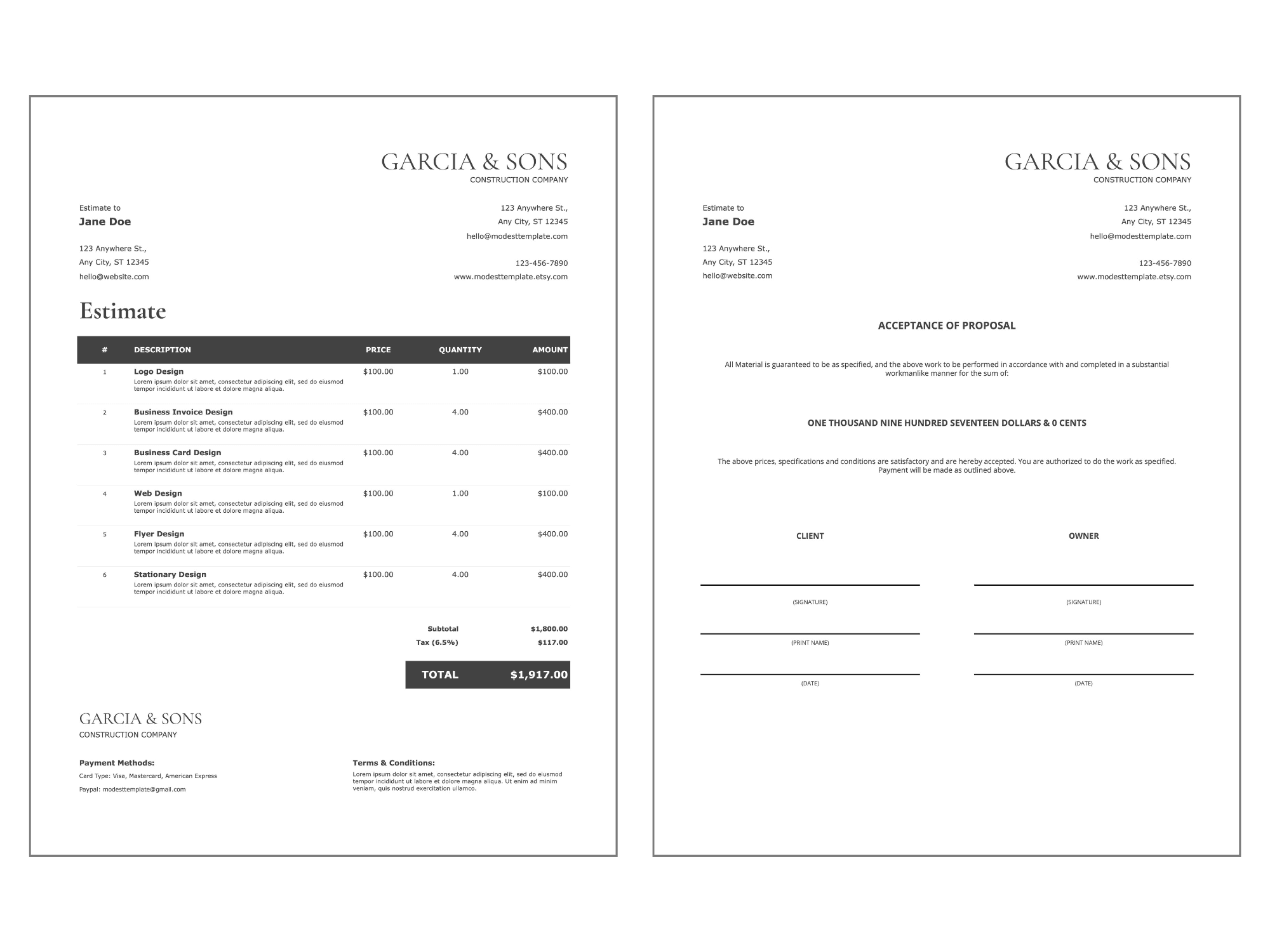 Printable estimate template displaying a detailed cost breakdown and client approval section for professional project proposals.