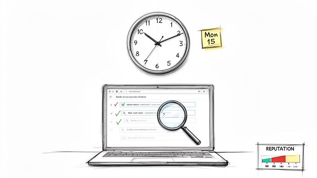 Sketch of laptop with search results, a clock, sticky note, and reputation graph, symbolizing efficient reputation management.