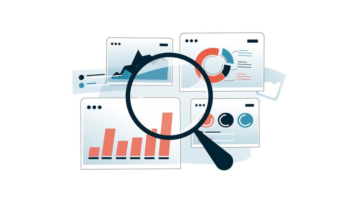 Illustration of a magnifying glass examining charts and graphs, representing analysis of leading and lagging business indicators.