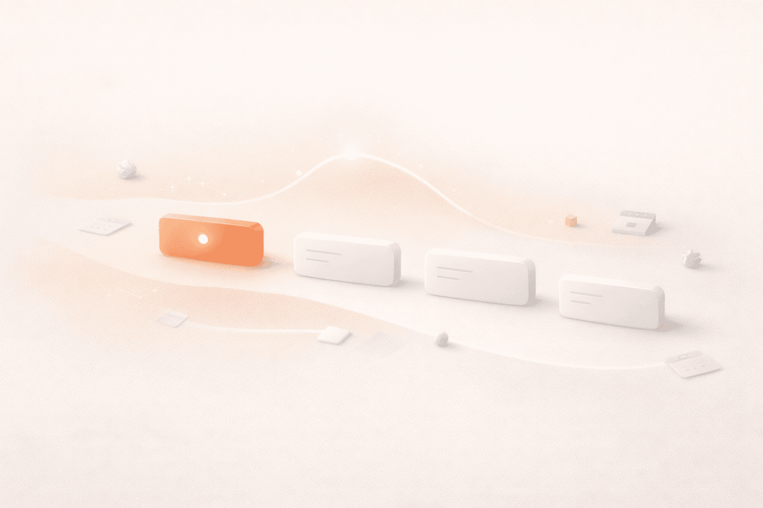 Minimalistische 3D-Illustration zum Unterschied zwischen Energie-Management und Zeitmanagement: Eine horizontale Zeitleiste aus abgerundeten Zeitblöcken verläuft über einen warmen cremefarbenen Hintergrund. Nur ein korallorangefarbener Fokusblock leuchtet deutlich hervor, während die übrigen hellen Blöcke verfügbar, aber deutlich matter wirken. Darüber verläuft eine sanfte Energiekurve mit ihrem Höhepunkt über dem hervorgehobenen Block. Kleine Kalender- und Aufgaben-Elemente liegen dezent im Raum und unterstreichen die strukturierte, ruhige Planungsszene.