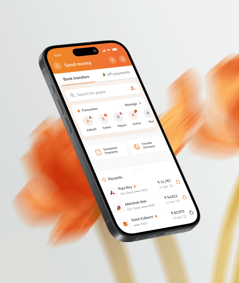 ICICI app - send money screen with bank transfers, UPI payments, favourites, and recent transactions