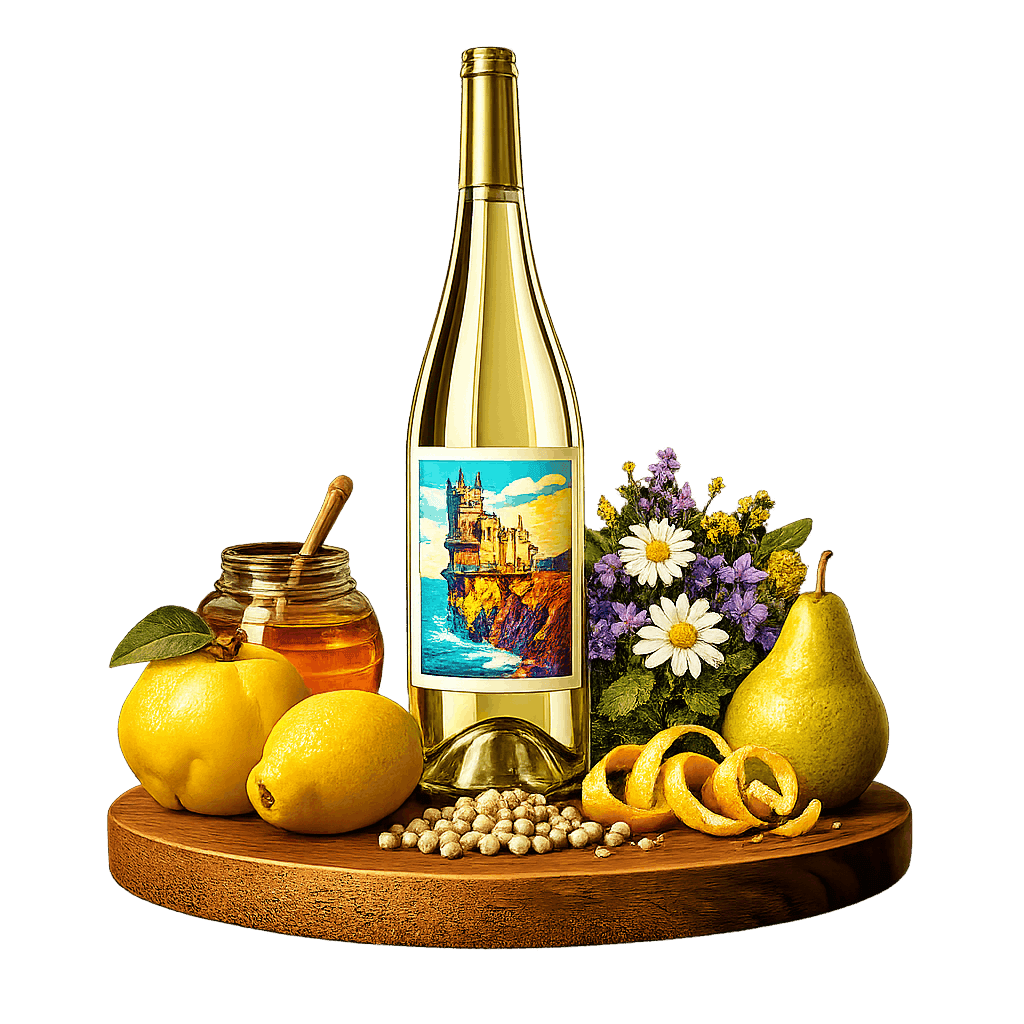 Artistic label and flavor profile for Crimean Kokur on a rustic wooden table.