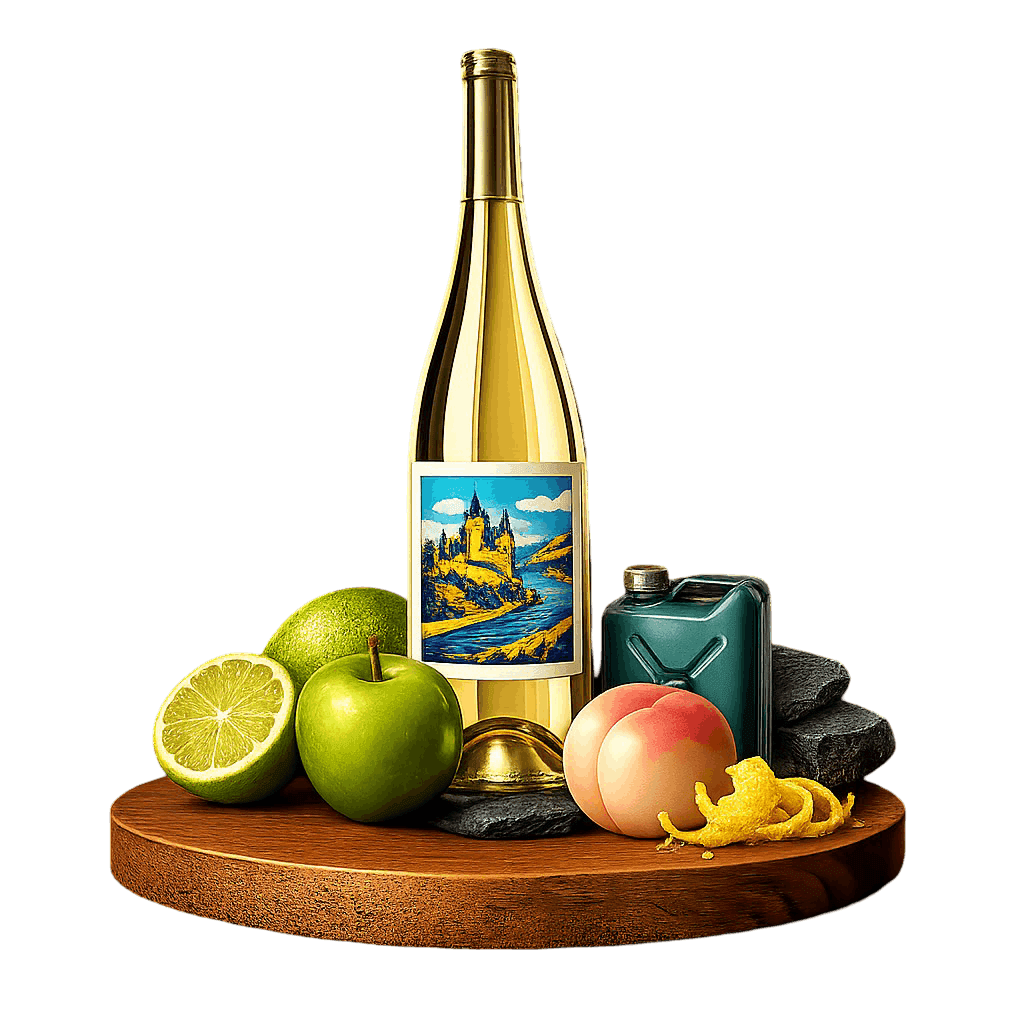 Artistic label and flavor profile for German Trocken Riesling on a rustic wooden table.