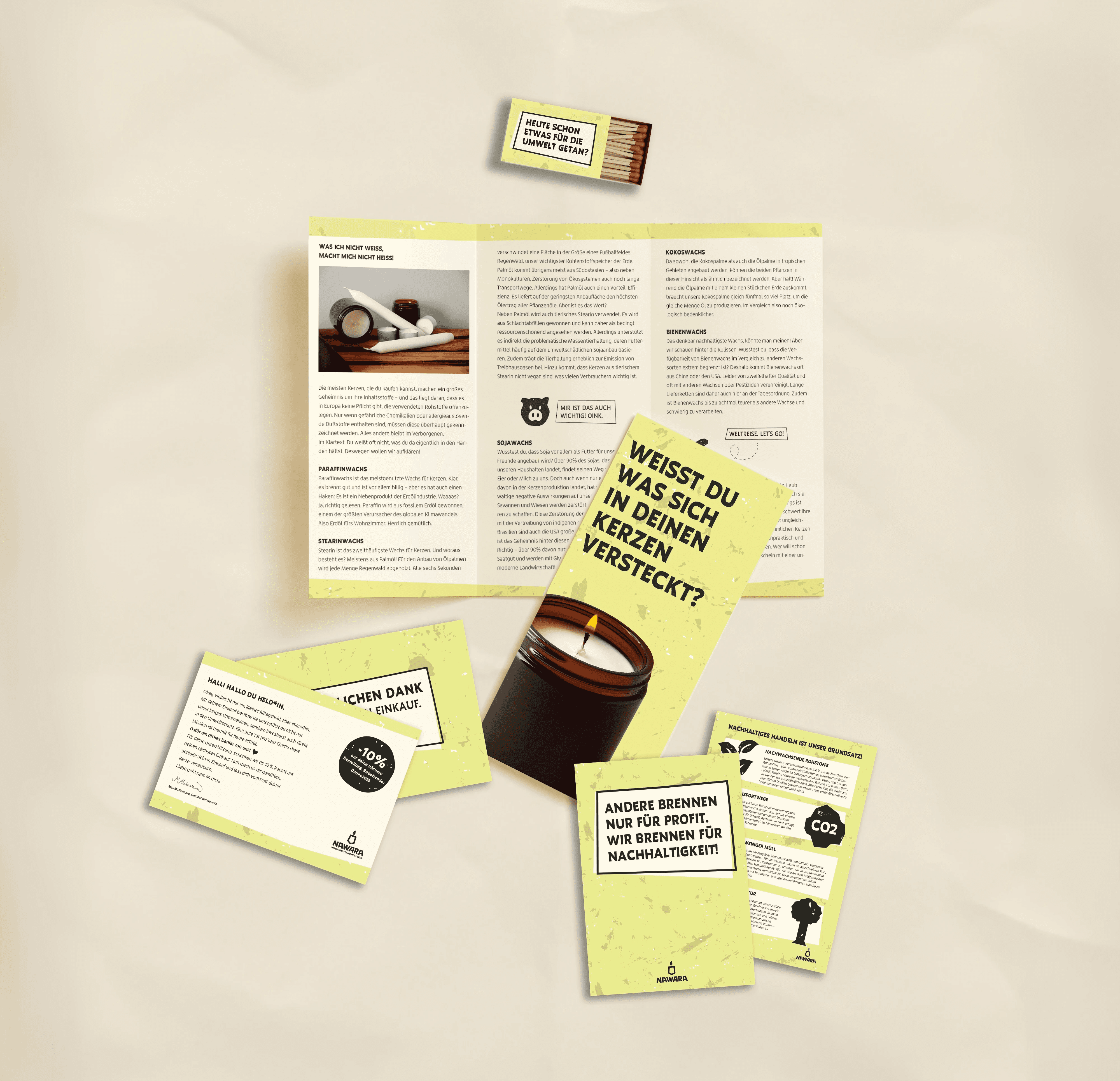 Printmedien für Nawara mit Informationsflyer und Produktkarten