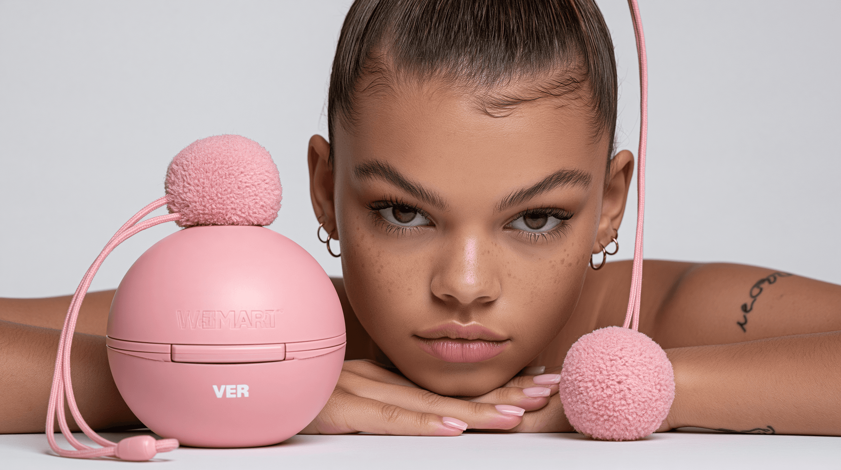 Woman resting her chin on her hands beside a pink spherical container with textured pom-poms and cords.