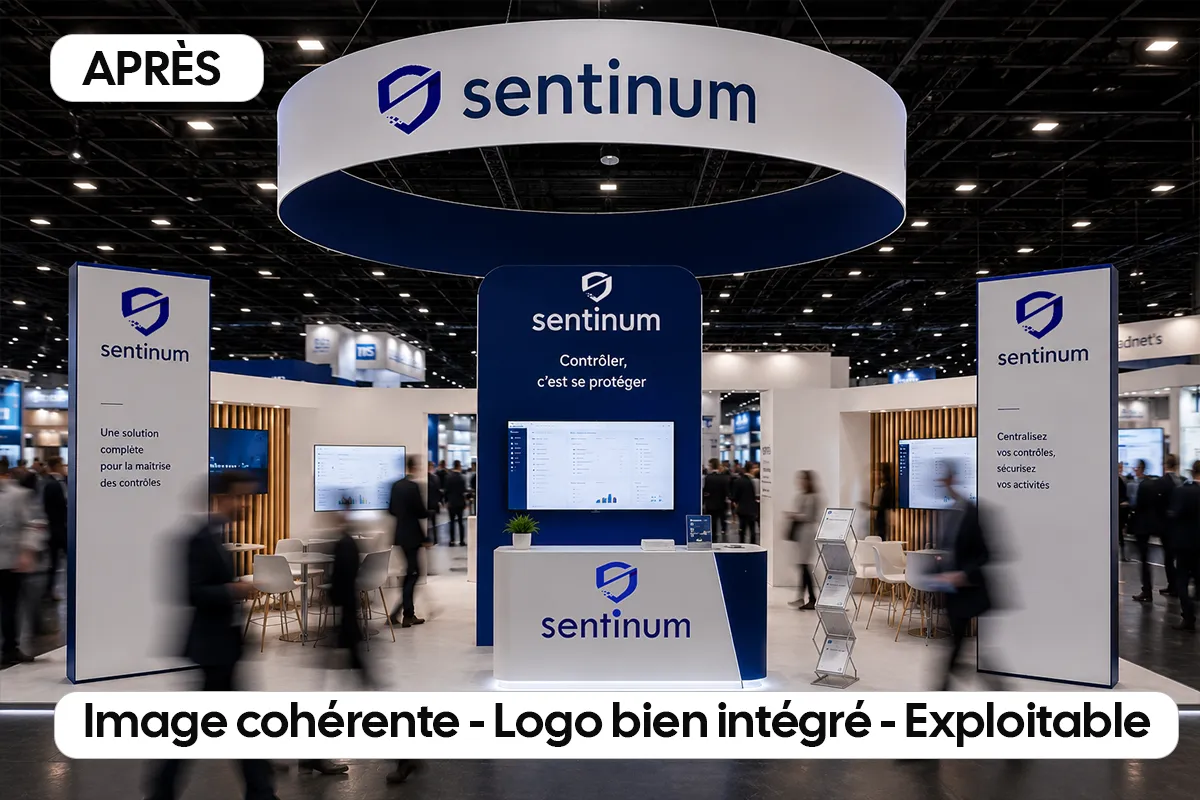 Photo d’un stand d’exposition de cybersécurité pour Sentinum, avec logo intégré et présentation cohérente de la marque.