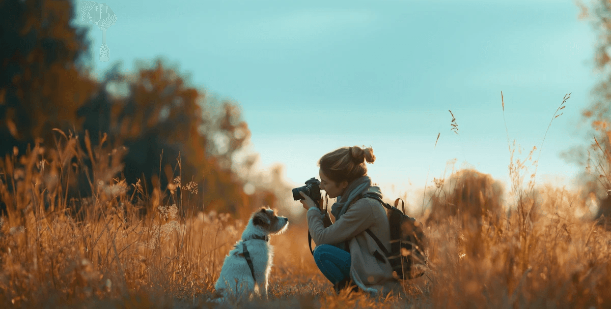 A woman photographing a dog in a golden field under a clear blue sky, capturing a serene and natural moment.