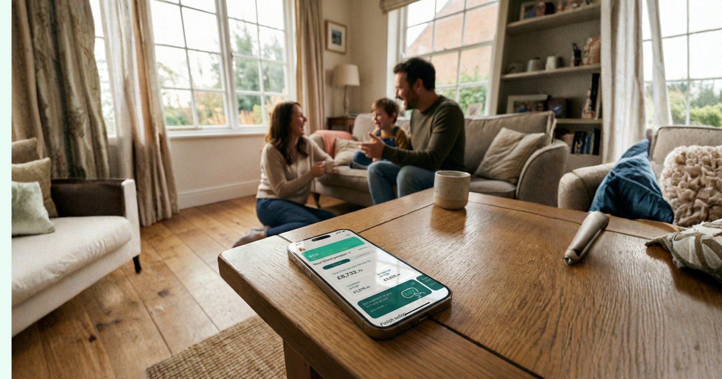 Phone with Chest app on screen, and family together in the background