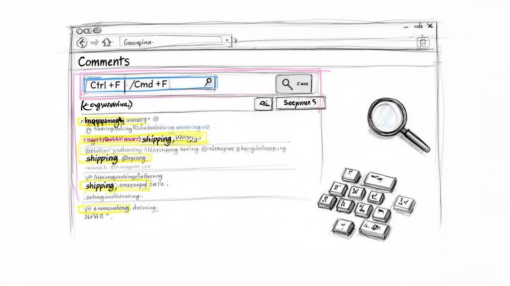 Browser sketch showing a comments section, search bar, highlighted 'shipping' keywords, and a magnifying glass icon.