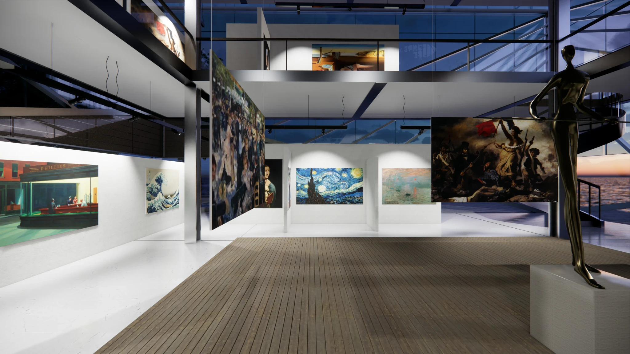 An Art Gallery illuminated at night with a statue at a middle square with 2 storeys visible from it.