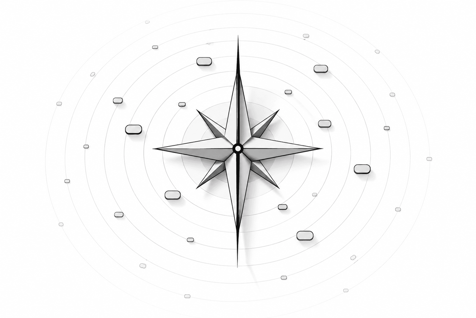 A top-down editorial illustration of a coal-black compass rose on a white surface, surrounded by concentric light-grey arcs radiating outward. Small rounded rectangular chips of varying size and tone are scattered along the arcs, with larger darker ones near the center and smaller faint ones toward the edges. A single sharp needle pierces the compass center, casting a precise shadow line across the rings.