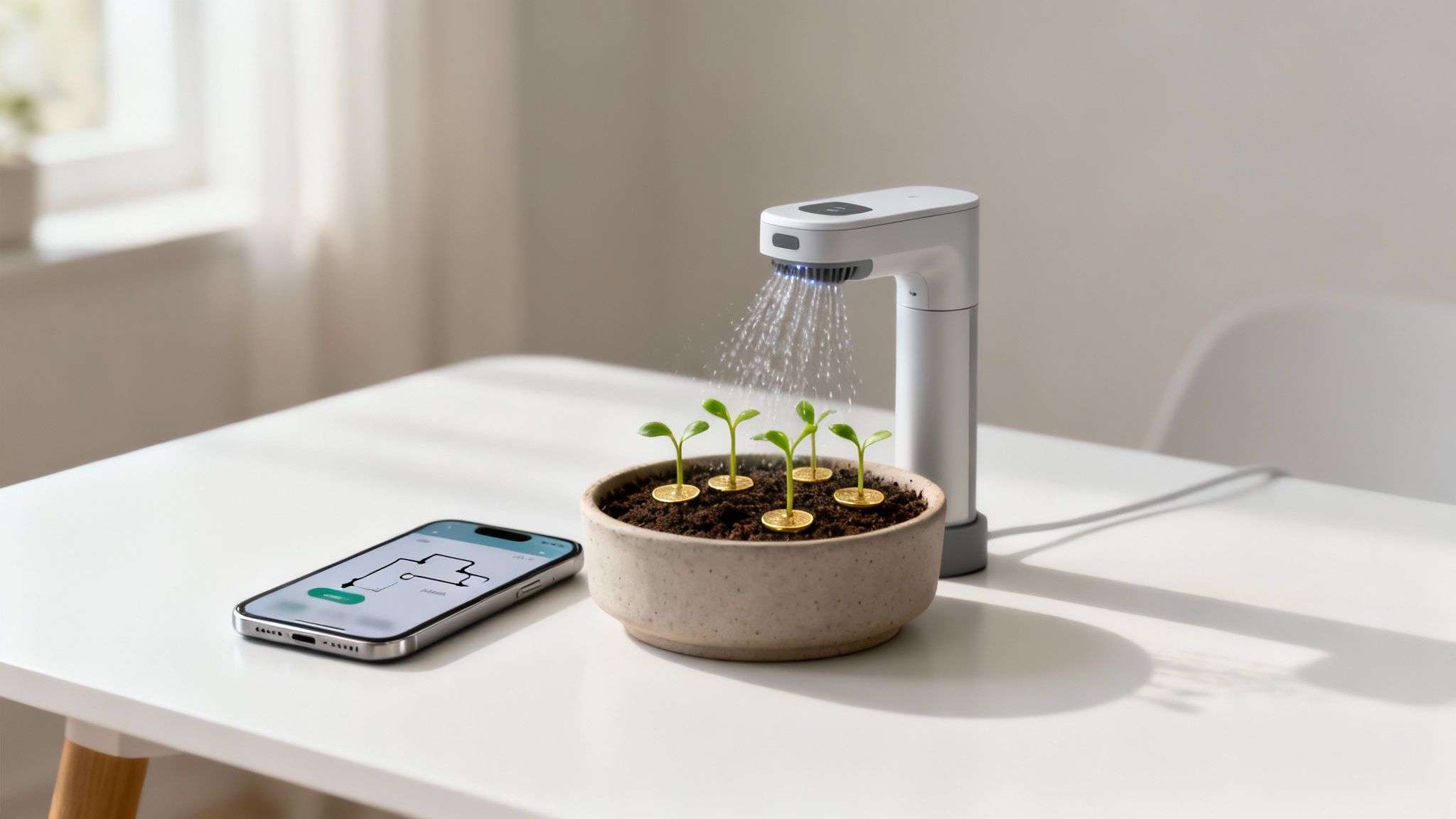 Smart device waters coin-planted sprouts in a pot, next to a smartphone displaying a financial app.
