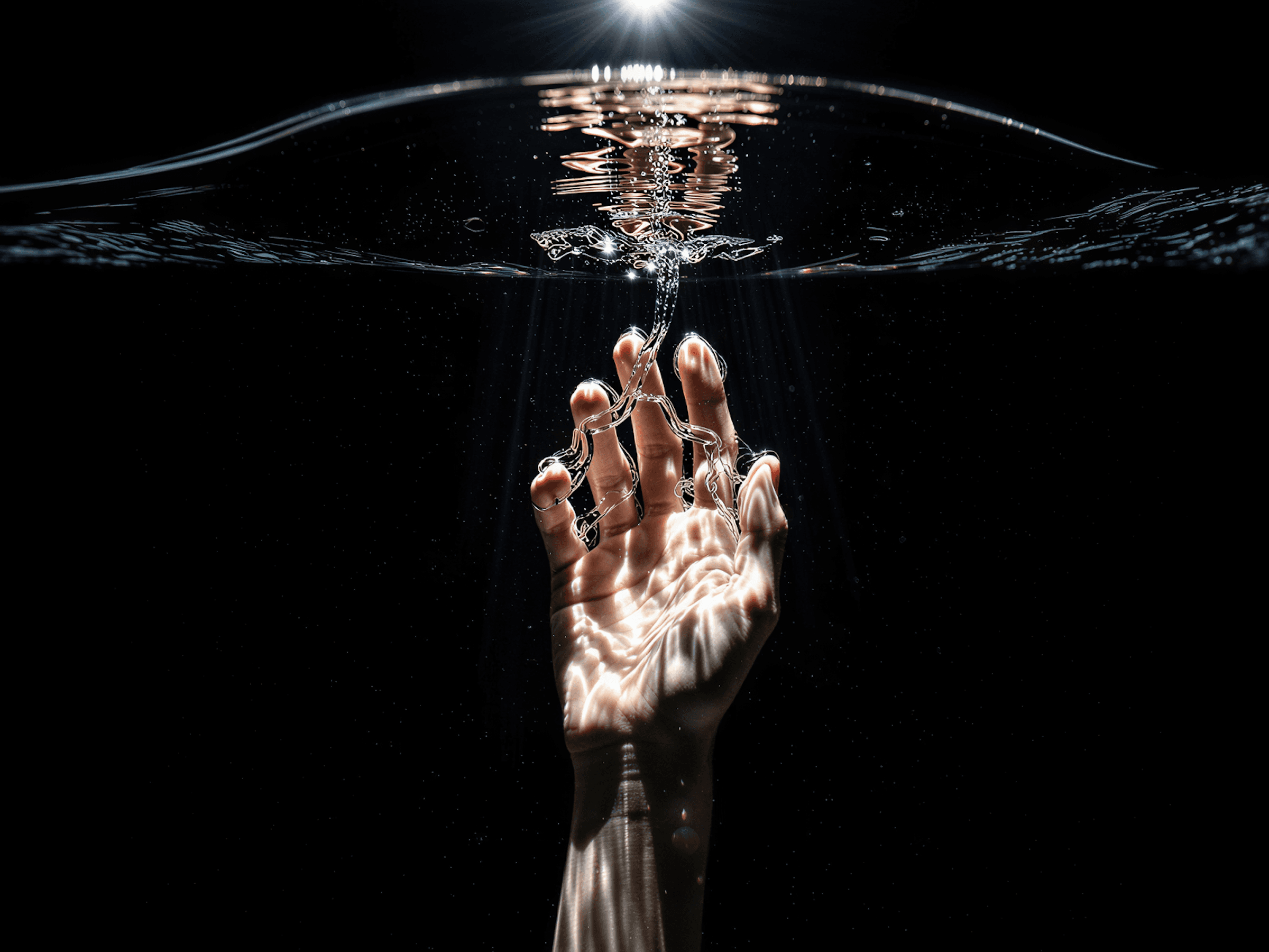 Hand reaching up through dark water surface — representing the visible symptoms of a failing product while the real problem remains hidden underwater