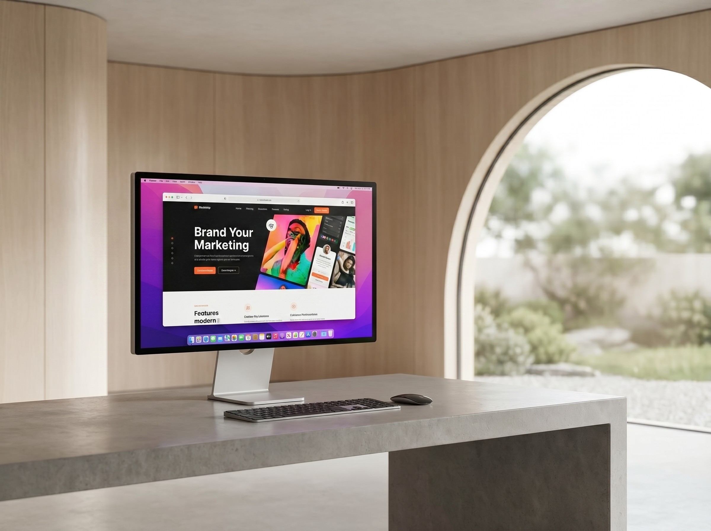 iMac sitting on a table showing a marketing website on screen.