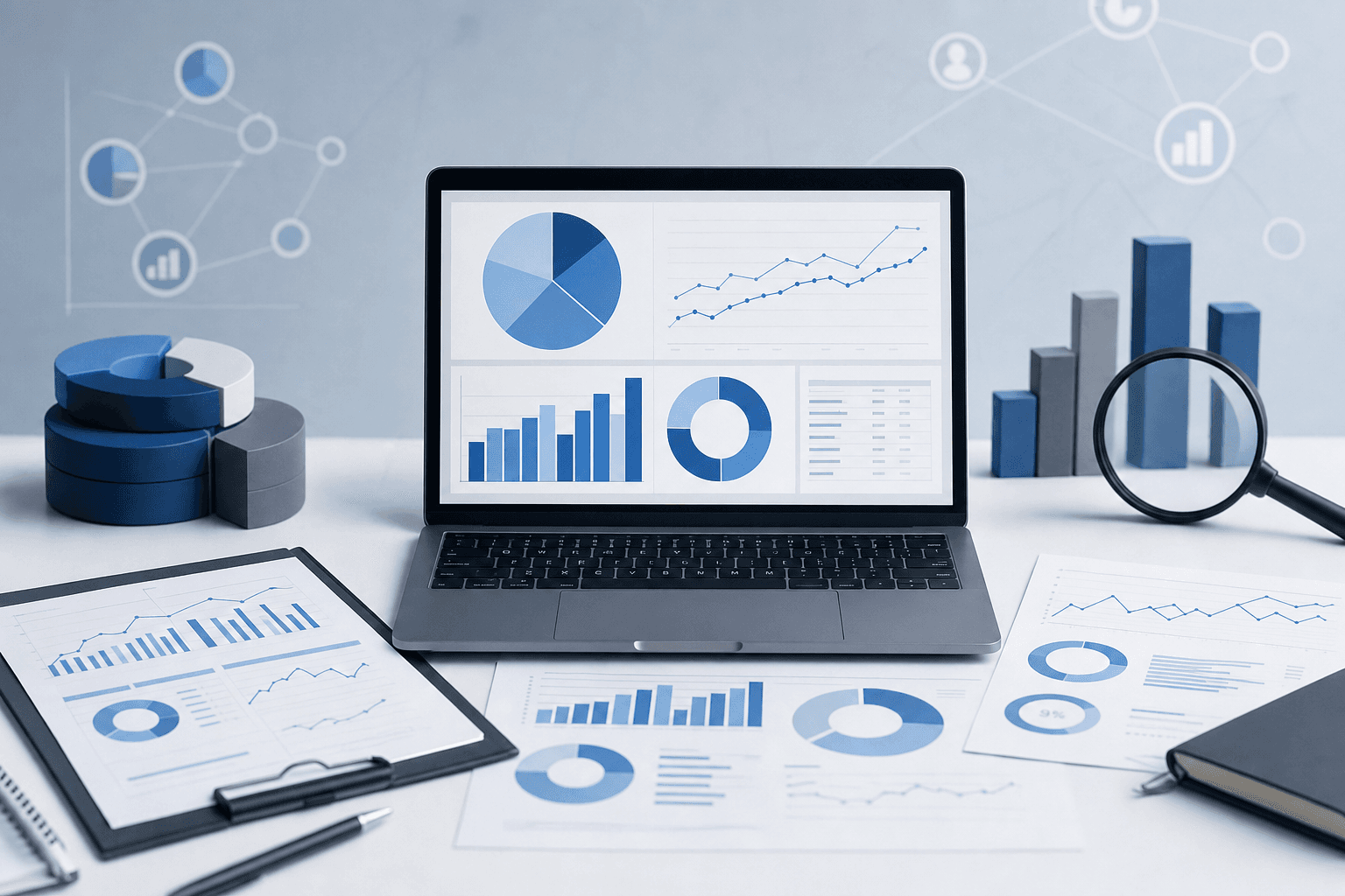 A professional business intelligence scene showing competitive analysis research, with abstract representations of data charts, market research documents, and analytical tools on a modern desk. Blue and gray color scheme, clean modern style, showing the concept of gathering competitive intelligence through various data sources. No text or letters.