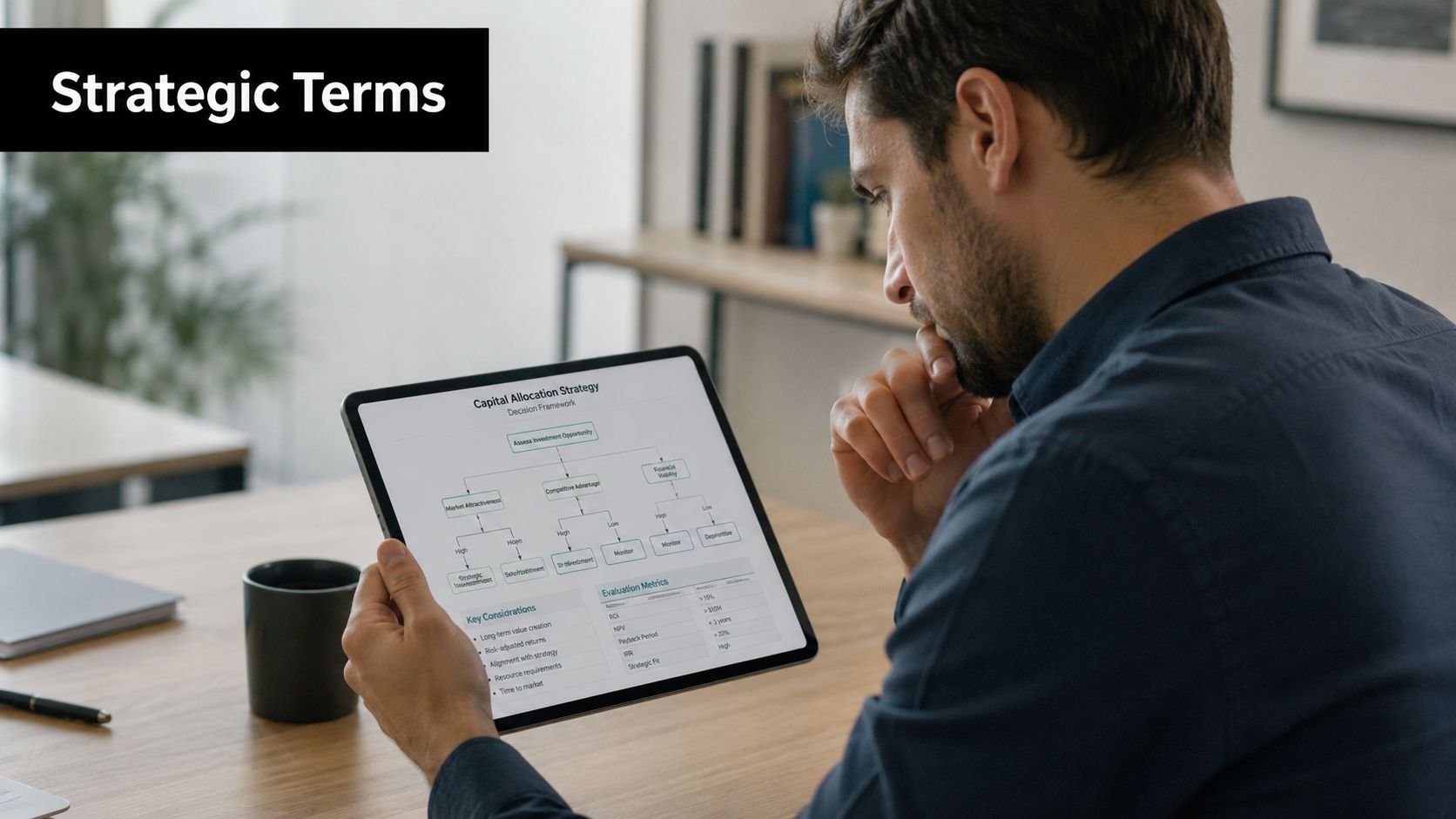 A businessman reviewing a strategic capital allocation decision framework on a digital tablet at his desk.