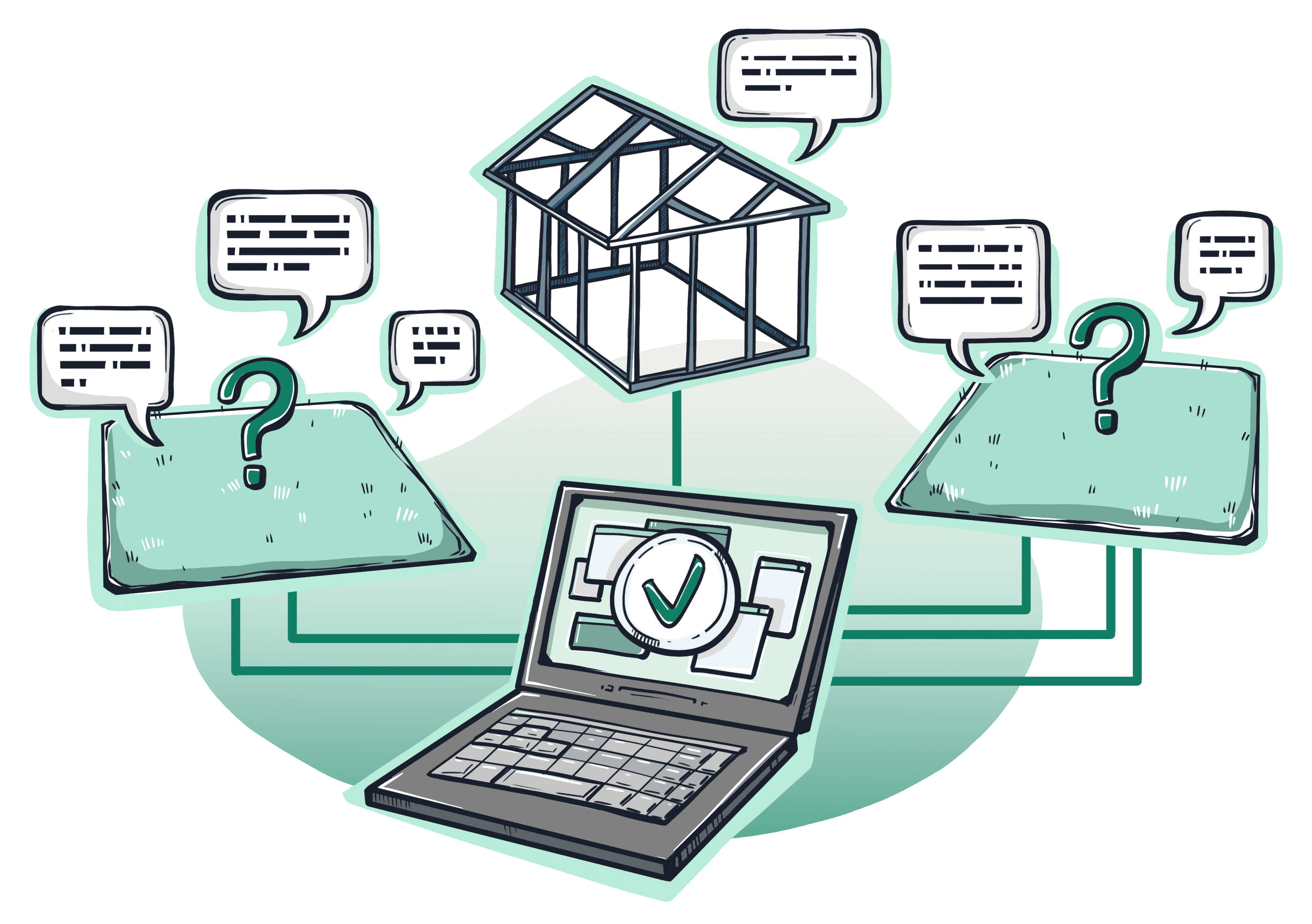 Illustration of a laptop connecting scattered permit questions to a building, symbolizing centralized permit monitoring.