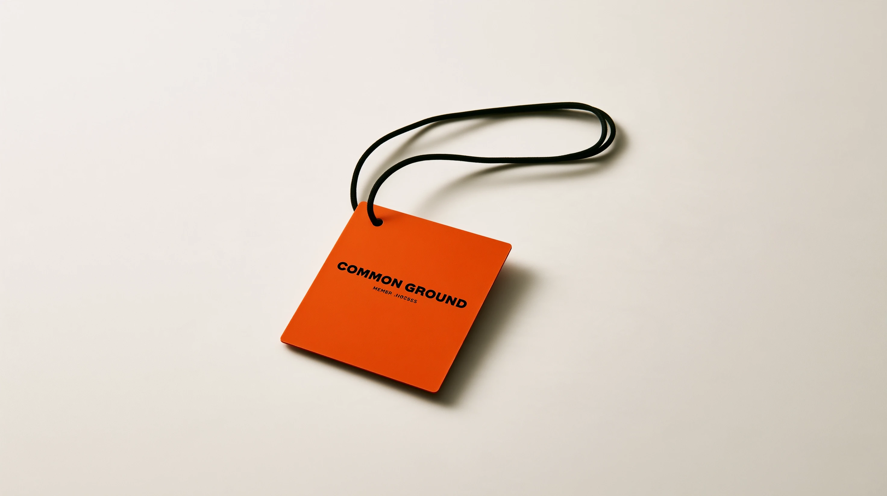 Orange Common Ground badge with a black cord on an off-white surface.