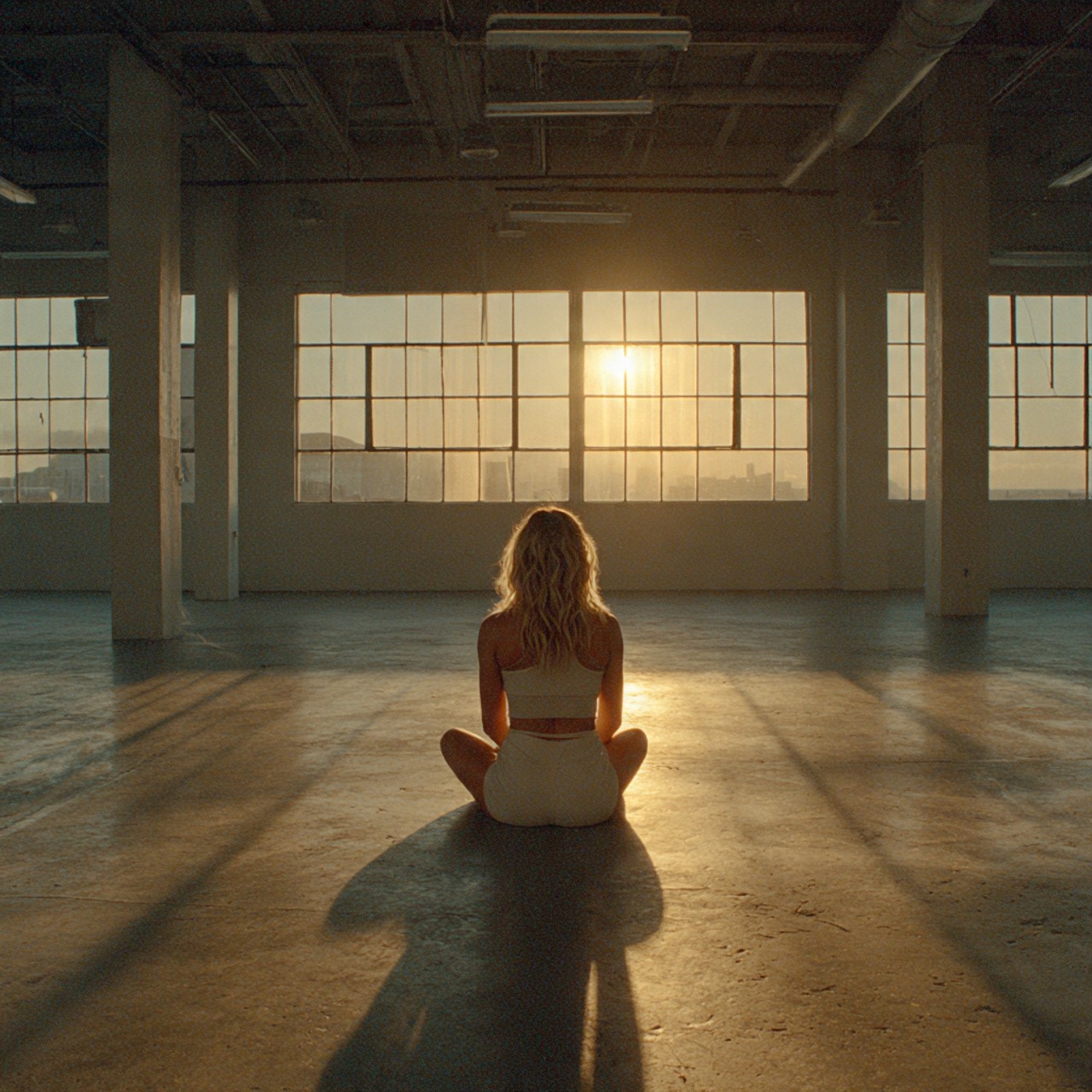 A woman in workout attire sits cross-legged on a sunlit floor in a spacious room with large windows. The setting sun casts a warm glow, creating a serene atmosphere.