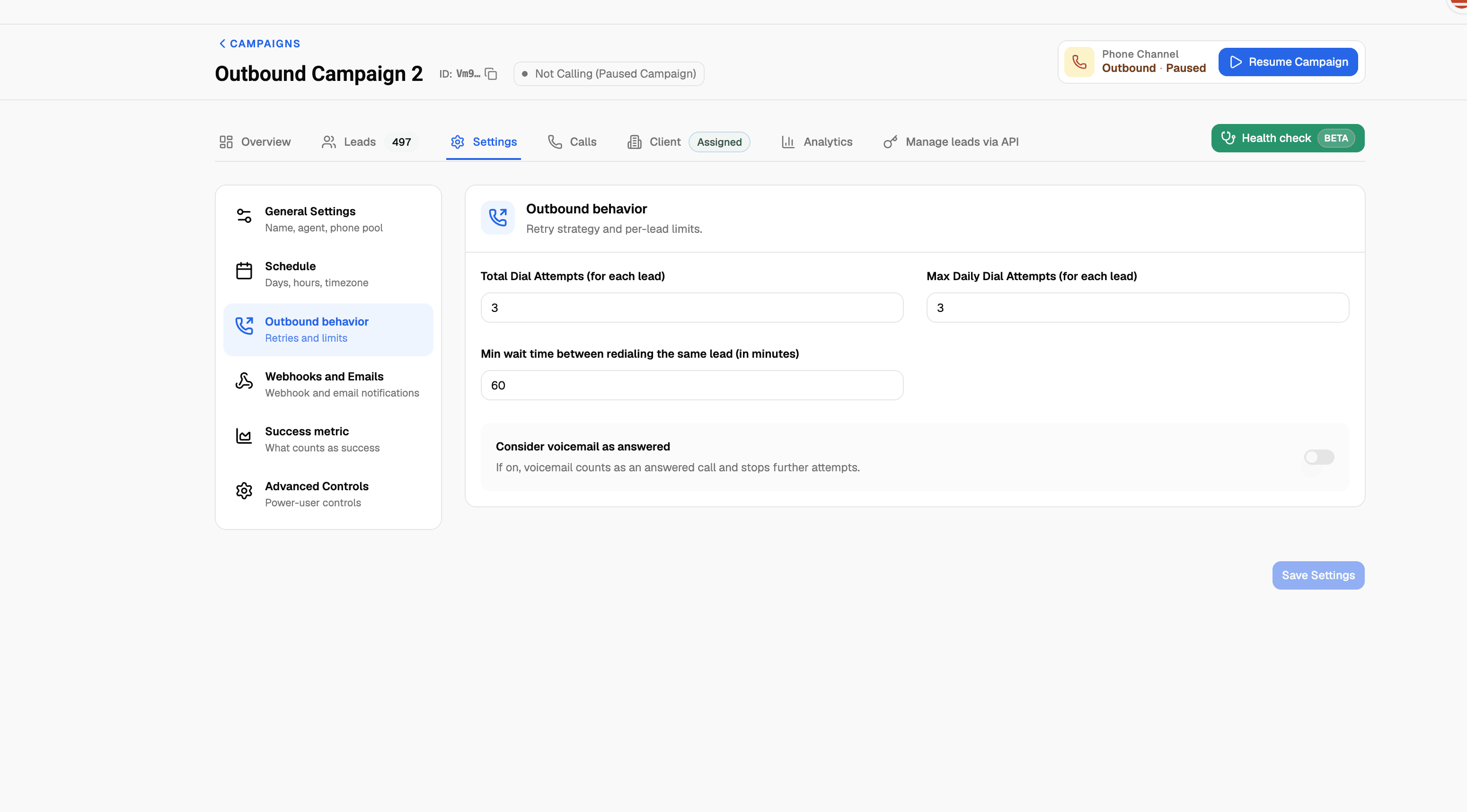 VoiceAIWrapper outbound campaign settings showing per-lead dial limits, the minimum wait between retries and voicemail handling controls for an optional phone follow-up workflow connected to website chatbot leads.