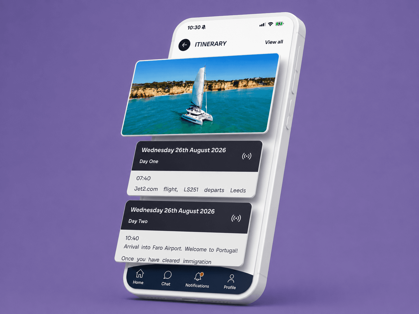 TSC digital event app itinerary showing a sailing excursion, flight details and arrival information for guests.