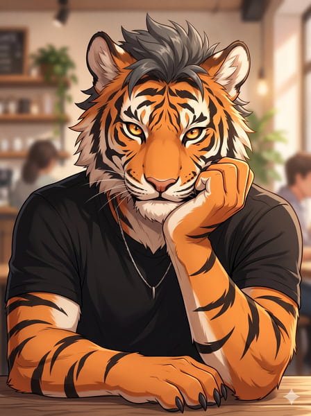 Cool tiger Furry pfp with a hand on chin. 