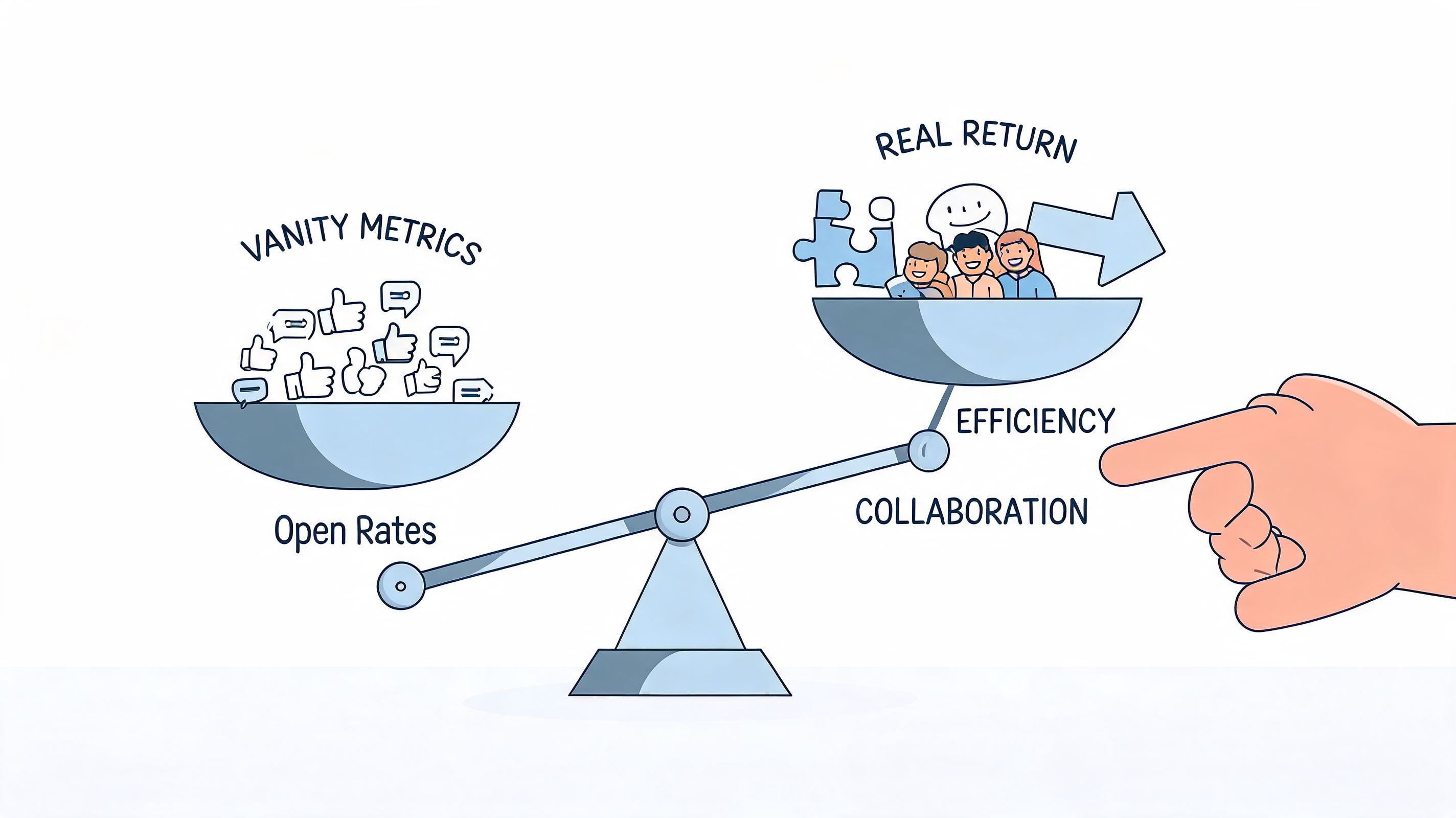 A conceptual illustration balancing vanity metrics like open rates against real return, efficiency, and collaboration.