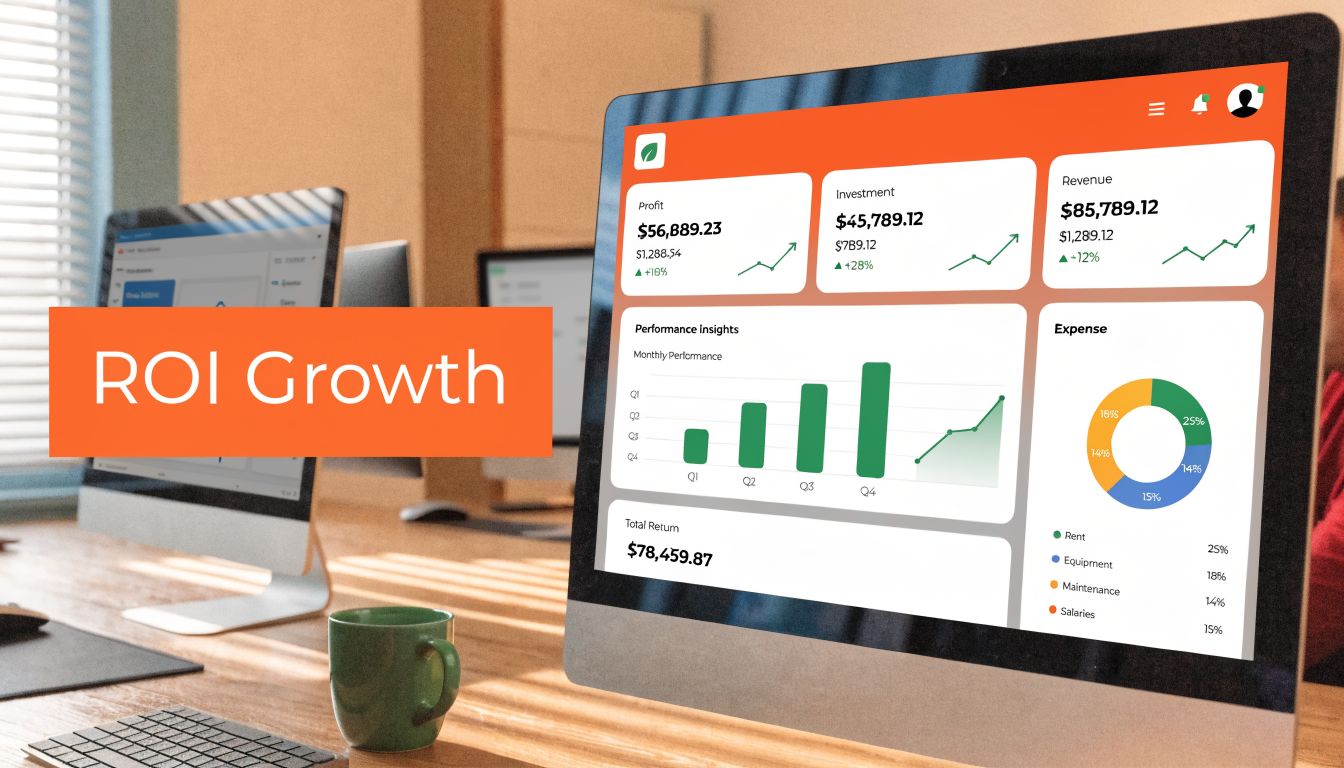 A computer screen showing a professional financial dashboard displaying ROI growth, profit, investment, and revenue analytics.
