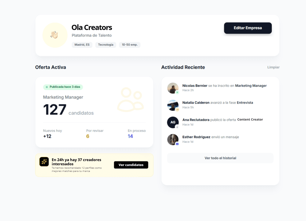 Pantalla de UX de Ola Creators con vista de empresa